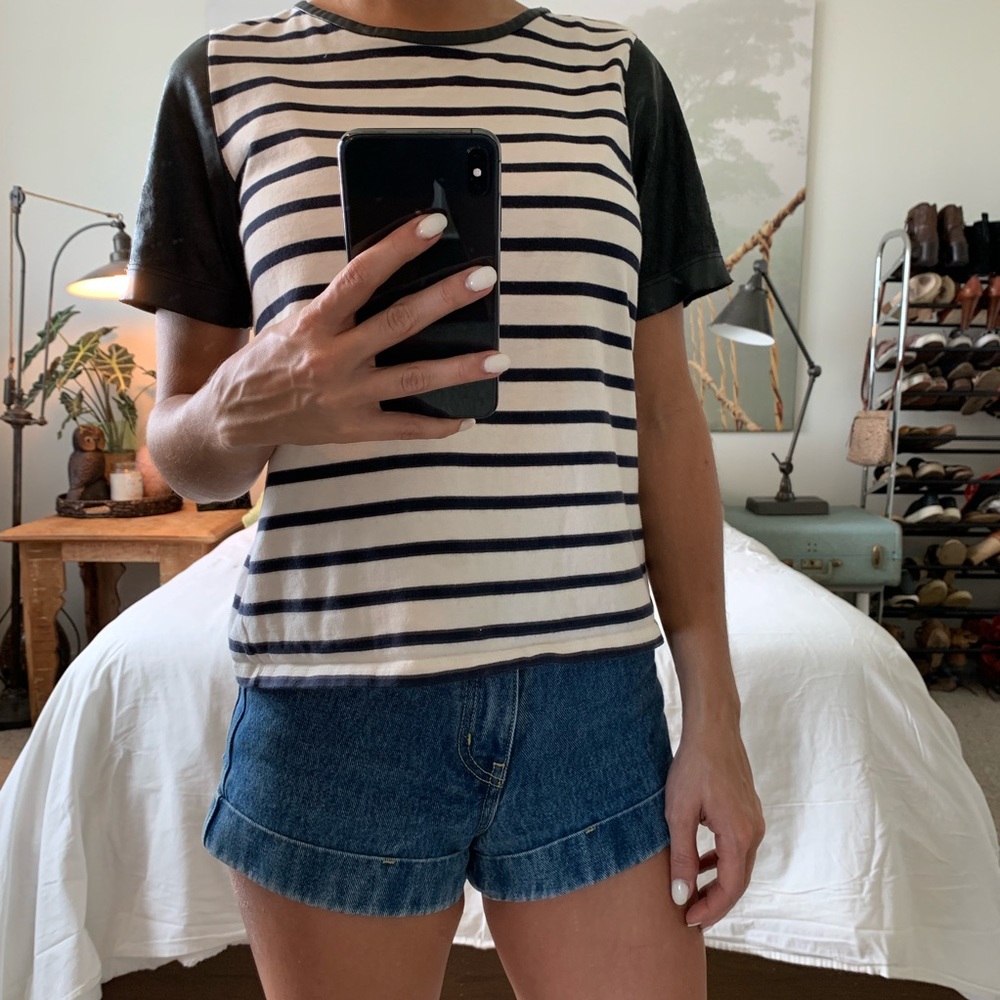 XS Ann Taylor Striped Tee with Leather Sleeves